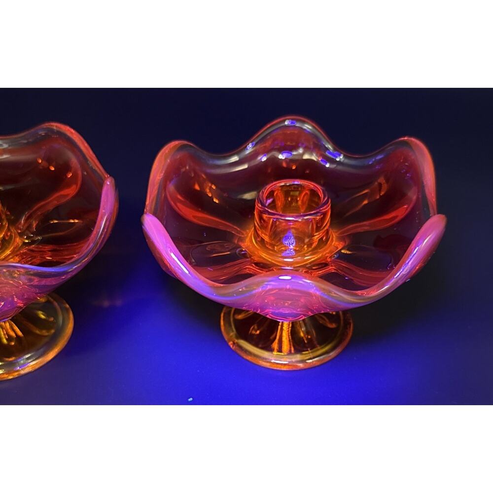 MCM VIKING Persimmon Amberina 6 Petal Candle Holders GLOW - Picture 10 of 10